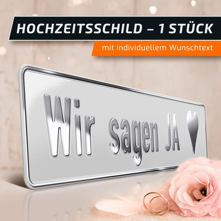 1 Hochzeit Autoschild | Weiss | Silberprägung Wunschtext | Herz &amp; Ringe Platine: Weiss, Platine: Wei
