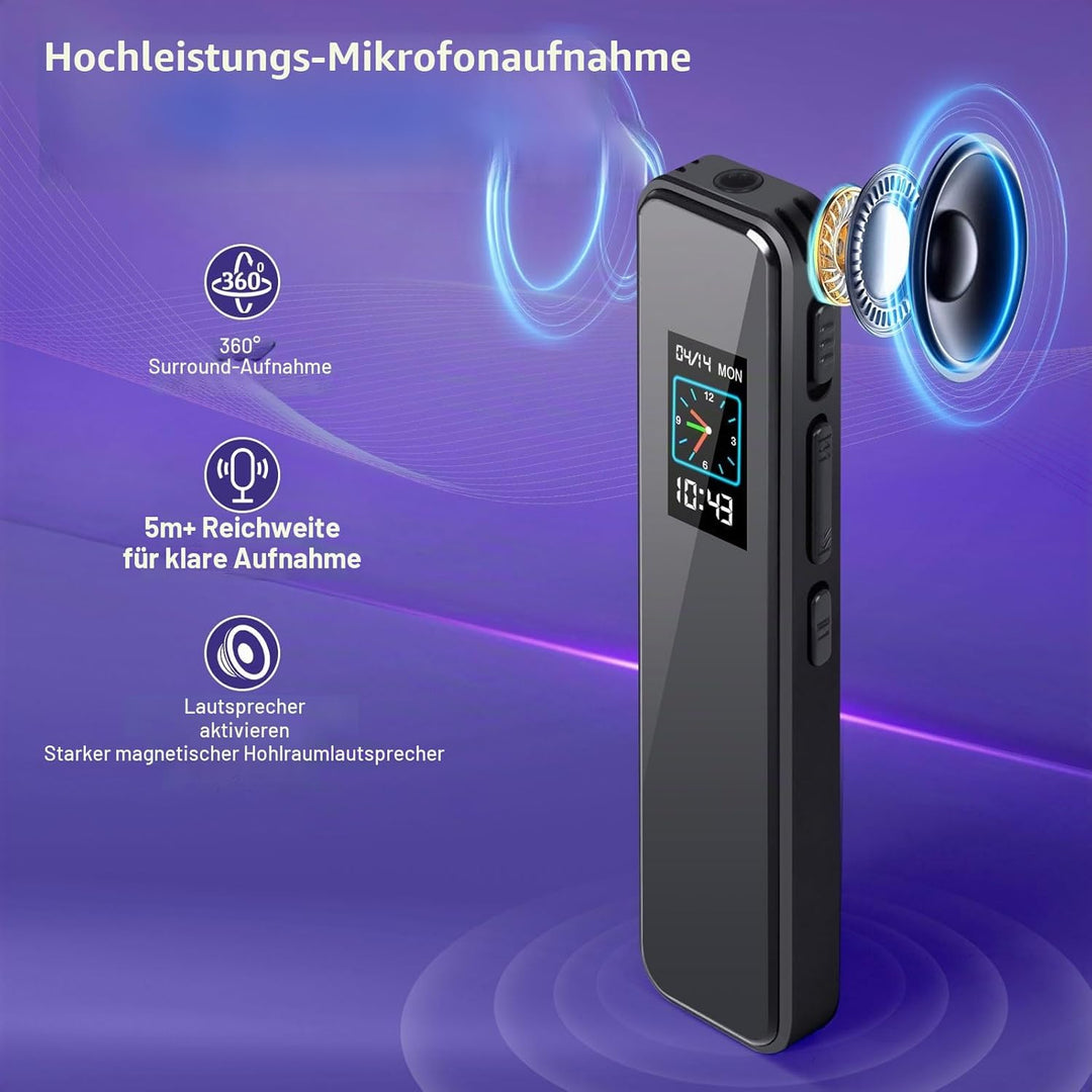64GB Digitales Diktiergerät mit Sprachsteuerung – Mini Audio Recorder, Aufnahmegerät mit Wiedergabe,
