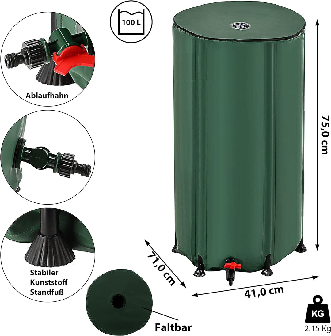 Regentonne faltbar mit Deckel und Zapfhahn | 100 Liter 41x75x71cm grün PVC | Gartenzubehör Zisterne