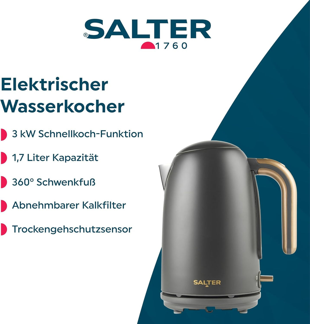 Salter Pebble Wasserkocher – 1,7 L Teekessel, Abnehmbarer Kalkfilter, Wasserstandsanzeige, 360° Schw