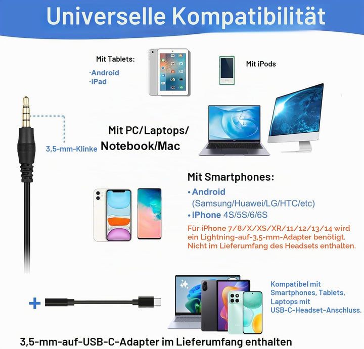 Headset Handy mit 3,5mm Klinke Mikrofon Noise Cancelling, PC Kopfhörer für iPhone Samsung Laptop Sky