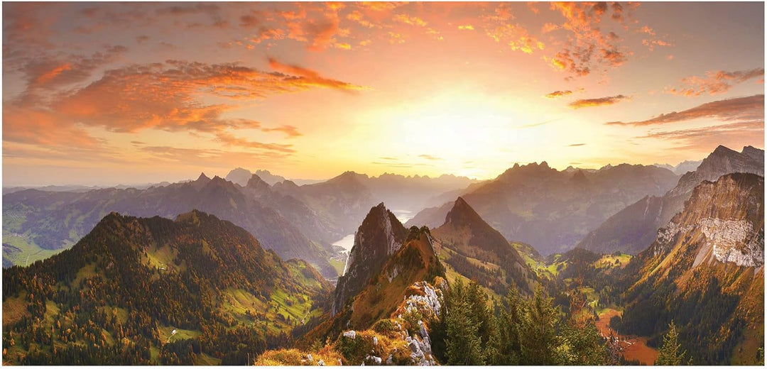 XXL Leinwandbild 115x55cm Berge Sonnenuntergang Bild Berglandschaft Kunstdruck Deko Wanddeko Variant