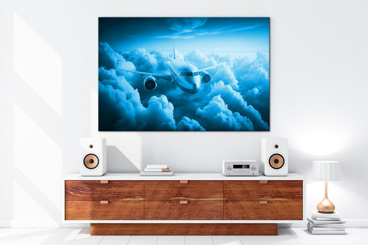 deyoli Flugzeug beim Sonnenaufgang Format 80x60 Effekt: Monocrome Blau als Leinwandbild, Motiv ferti