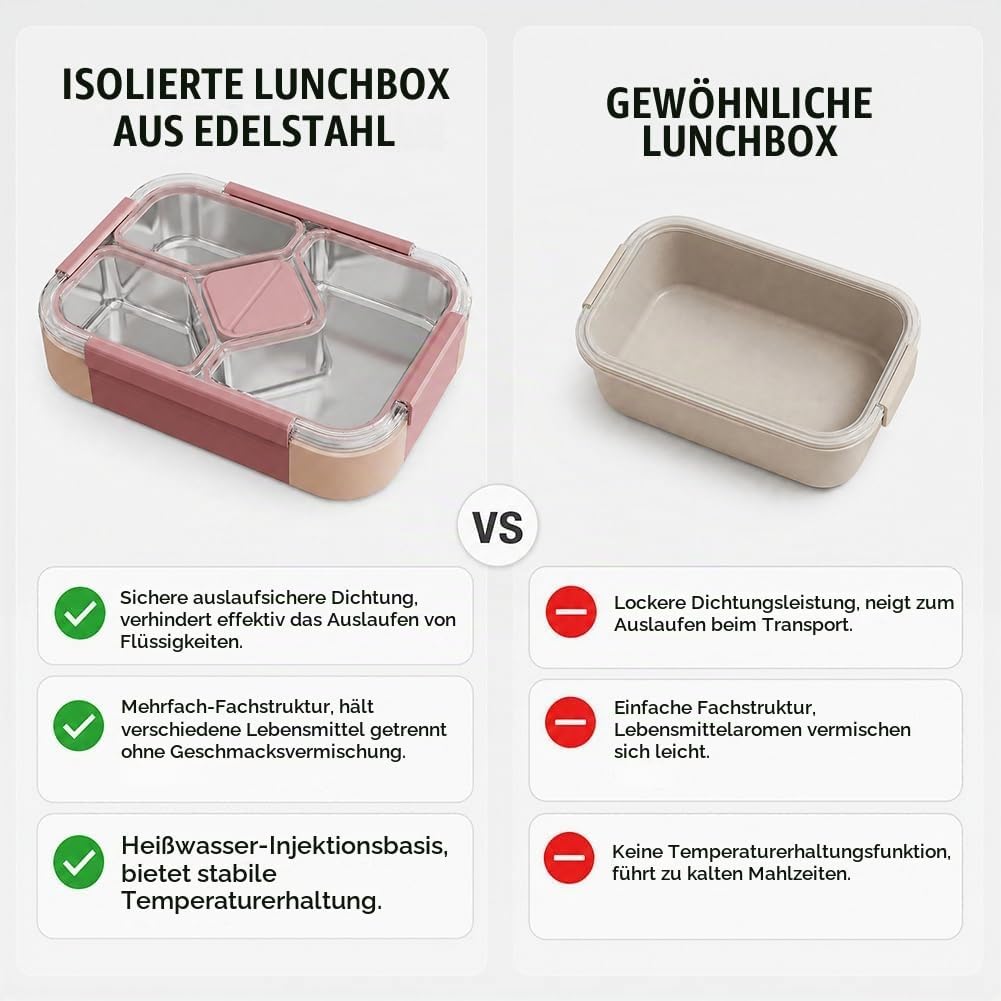Edelstahl Brotdose 1020ml, Bento Lunchbox mit 4 Fächern