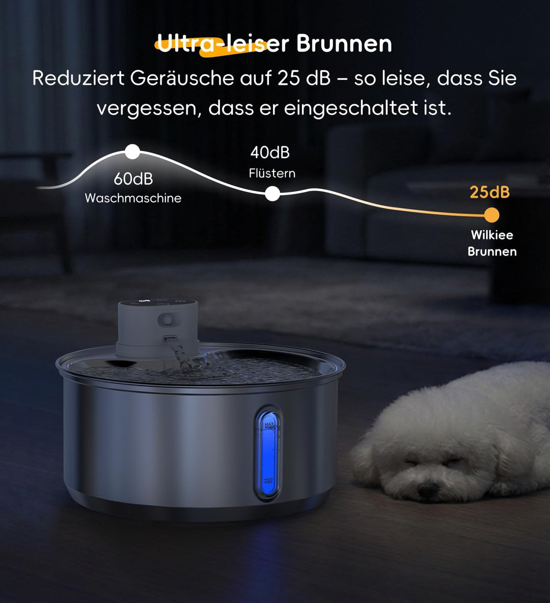 Katzenbrunnen Edelstahl Kabellos 5,5 L für Katzen (1 Filter) | 5000mAh Akku mit bewegungsmelder, lei