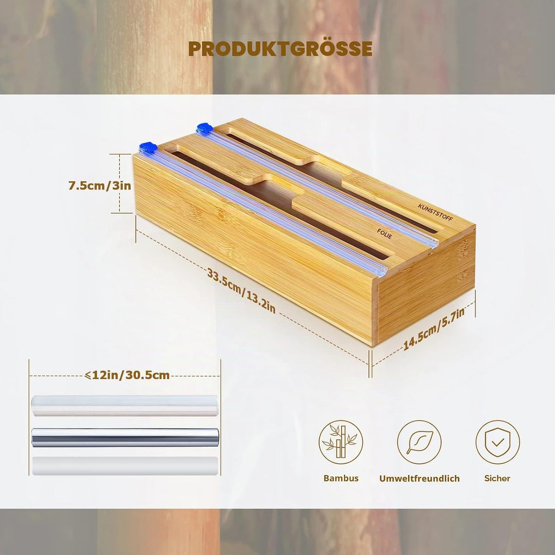 QINGLOU Folienschneider,2 in 1 Folienspender Mit Cutter, Bambus/Folienabroller,Frischhaltefolie, Wac