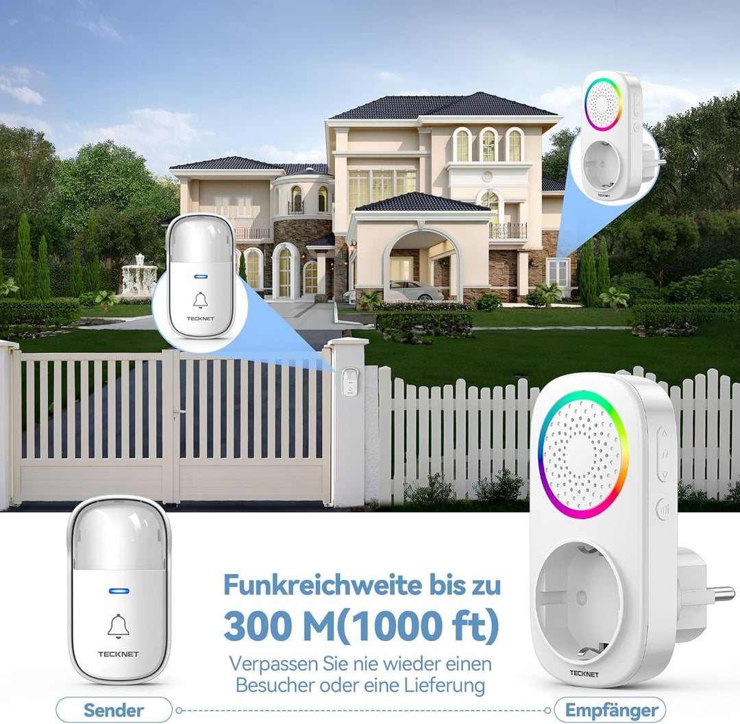 TECKNET Funkklingel Batterielose, IP65 Funkklingel aussen Wasserdicht, Haustürklingel mit Plug-In-Em