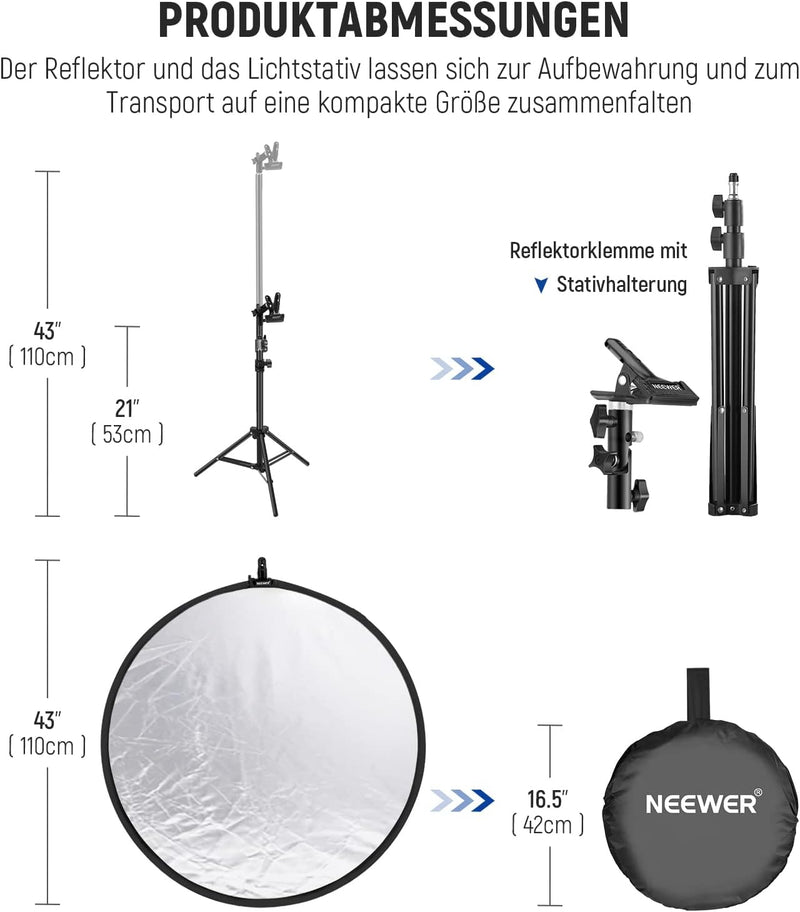 NEEWER 43"/110cm Lichtreflektor Kit,5 in 1 zusammenklappbarer runder Reflektor(Transluzent/Silber/Go