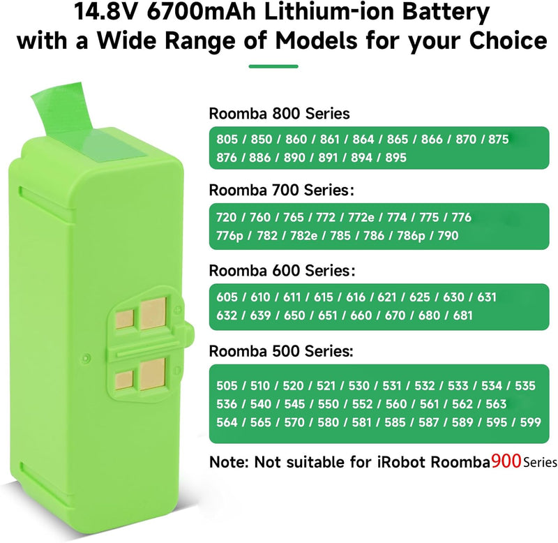 14,8/V 6700mAh Ersatzakku für IRobot Roomba 900/500/600/700/800 Series - Lithium Akku Kompatibel IRo