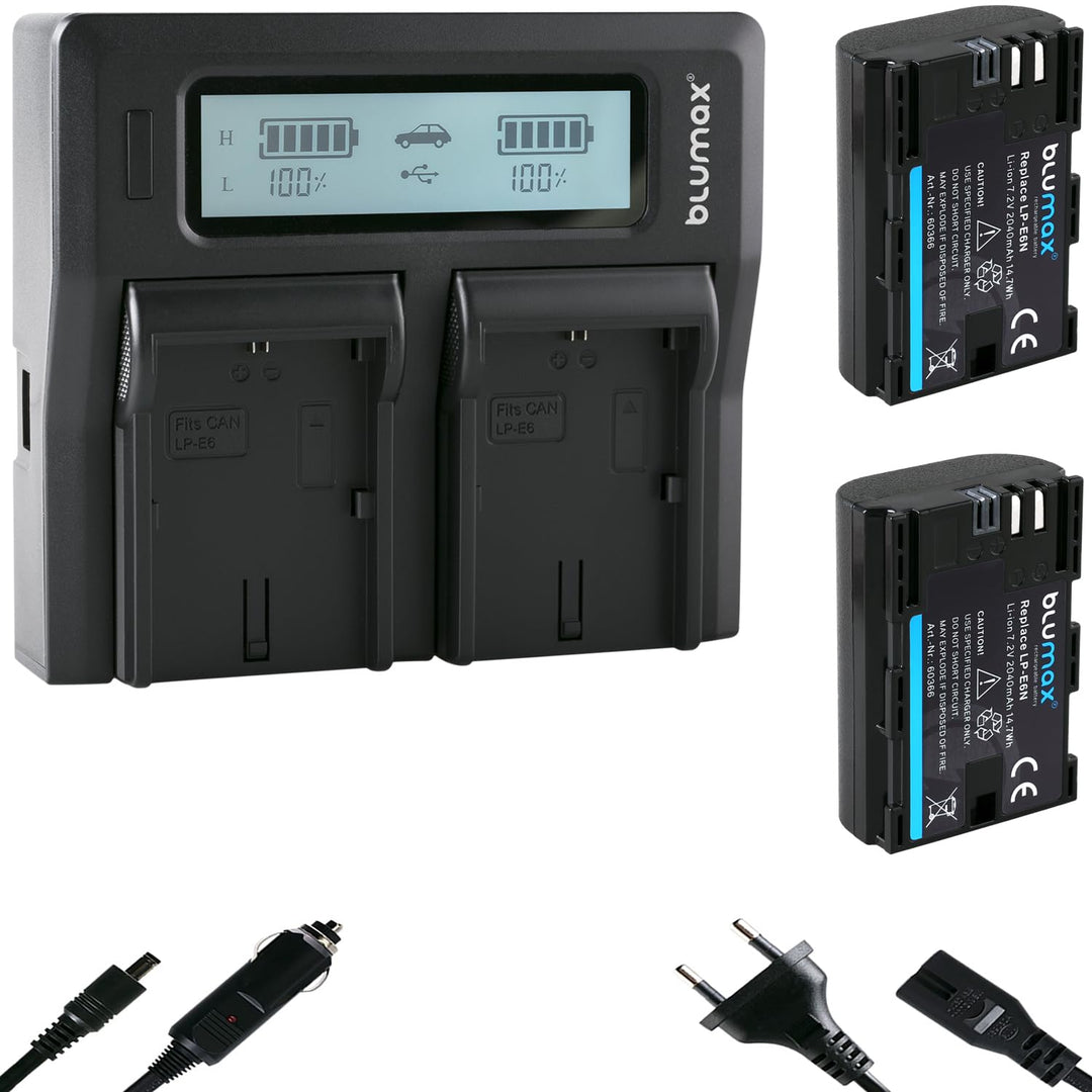 Blumax 2X Akku ersetzt Canon LP-E6N 2040mAh + Doppel-Ladegerät Dual | kompatibel mit Canon EOS-R, EO