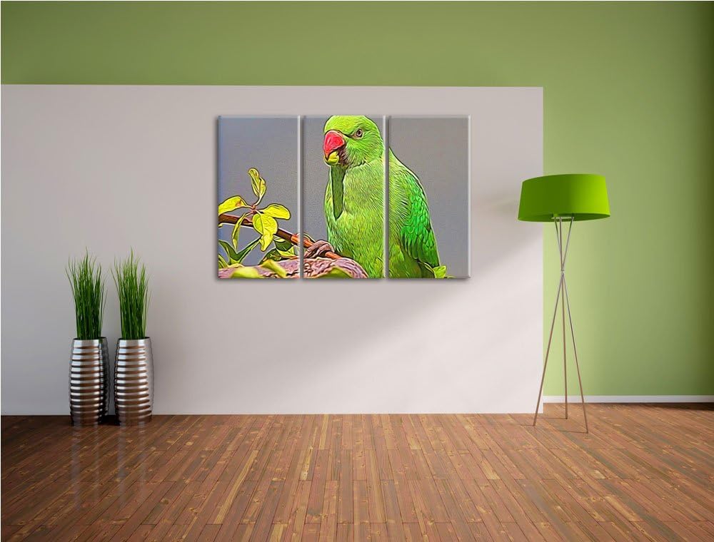schöner Halsbandsittich beim Essen NewArt 3-Teiler Leinwandbild 120x80 Bild auf Leinwand, XXL riesig