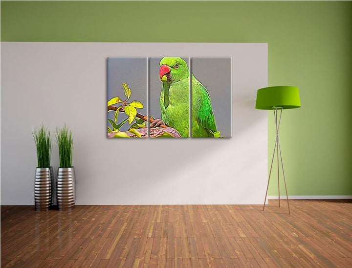 schöner Halsbandsittich beim Essen NewArt 3-Teiler Leinwandbild 120x80 Bild auf Leinwand, XXL riesig