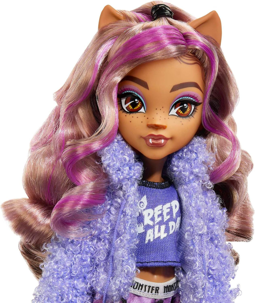 MONSTER HIGH Puppe und Sleepover Zubehör, Clawdeen Wolf Puppe mit Pet Cat Crescent, Creepover Party,