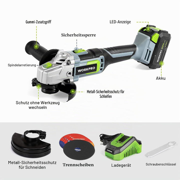 WORKPRO Winkelschleifer, kabellos, 20 V, mit Akku 4,0 Ah, Ø125 mm, elektrischer Schleifer, kabellos,