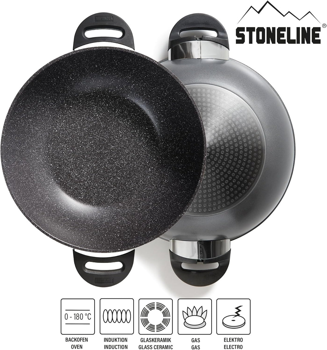 Stoneline Wok 32 cm, mit Deckel, Aluguss, Wok Pfanne beschichtet mit echten Steinpartikeln, grau, oh
