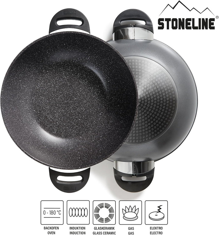 Stoneline Wok 32 cm, mit Deckel, Aluguss, Wok Pfanne beschichtet mit echten Steinpartikeln, grau, oh