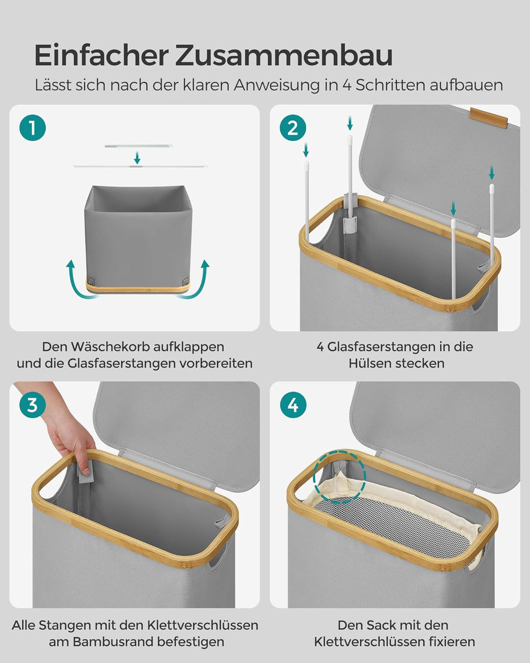 SONGMICS Wäschekorb mit Deckel, Wäschesammler 65 L, platzsparend, herausnehmbarer Wäschesack, Oxford