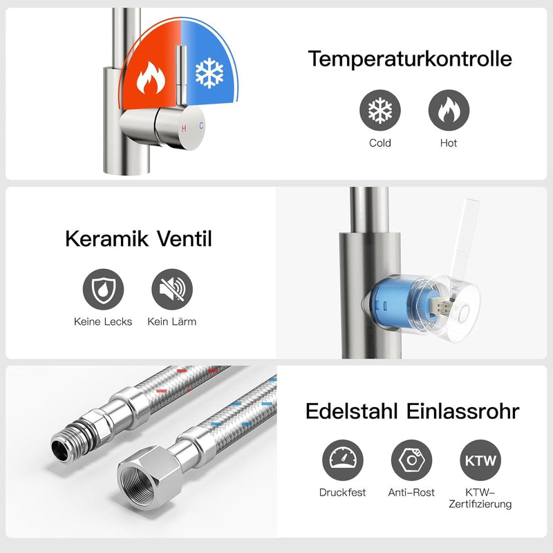 Rainsworth Wasserhahn Küche mit Brause Ausziehbar - Hochdruck Küchenarmatur mit Zwei Wasserstrahlart