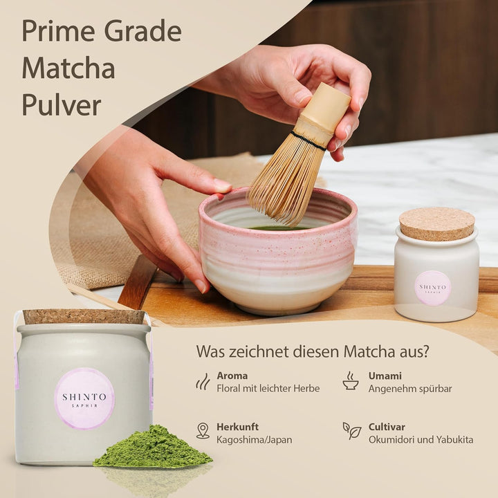 Matcha-Pulver Set Shinto® Saphir - mit Prime Grade Grüntee-Pulver, einzigartiger handgefertigter Sch