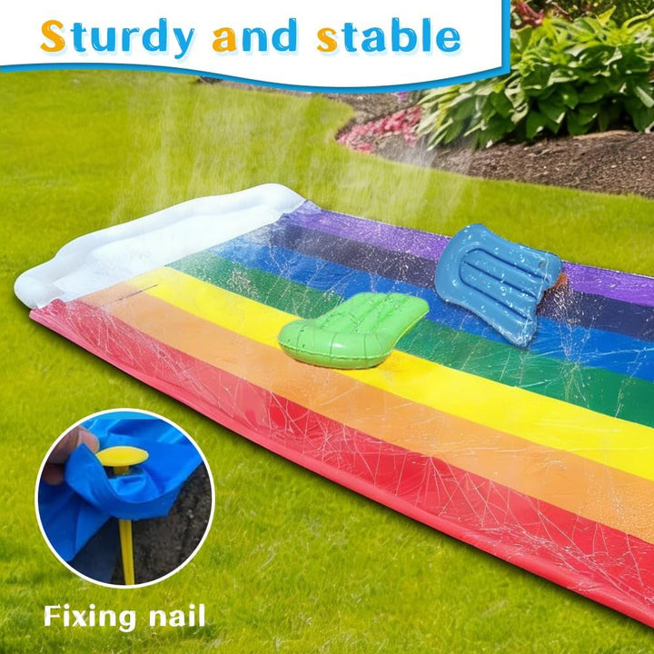 Wasserrutsche Garten für Kinder,480x140CM Regenbogen Doppel Wasserrutschmatte mit 2 Bodyboards 5 Rep