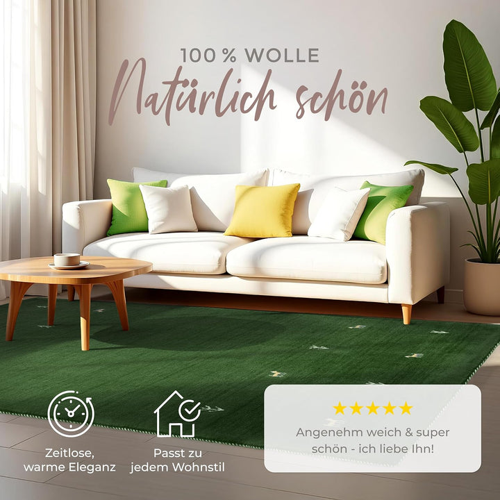 carpetfine Wollteppich Gabbeh Uni Grün 60x90 cm | Moderner Teppich für Wohn- und Schlafzimmer 60x90
