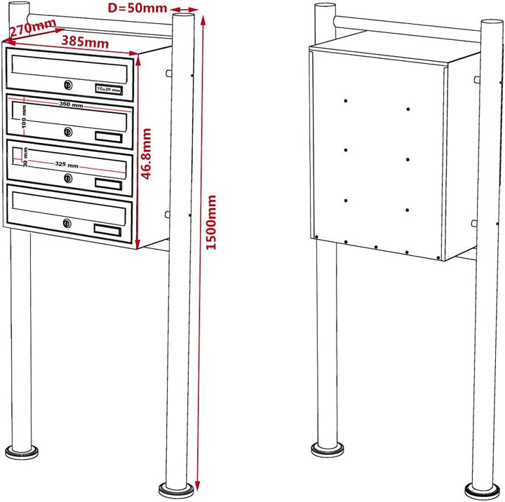 Wiltec 4er Briefkastenanlage weiss 270 x 513 x 1500 mm, Standbriefkasten mit 3 Fächern, Schlüssel un