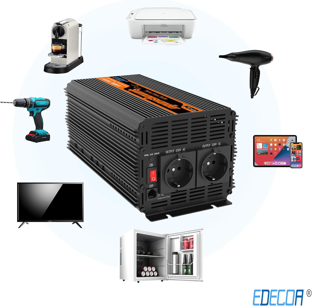 EDECOA Spannungswandler 24v 230v Wechselrichter Reiner Sinus 1500w 24V 230V LCD Konverter 24v auf 23