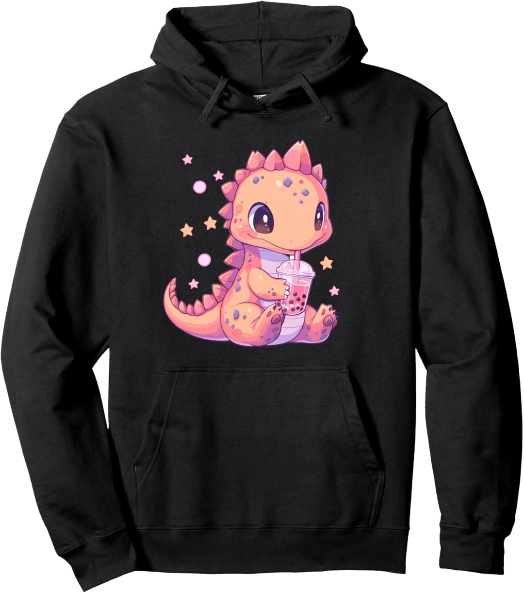Cute Kawaii Anime Dinosaur Drinking Bubble Boba Tea Girls Pullover Hoodie