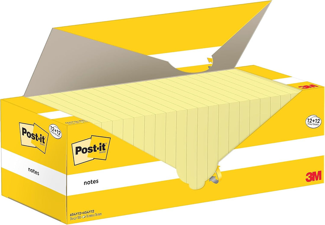 Post-it Notizen Kanariengelb, Vorteilspackung mit 24 Blöcken, 100 Blatt pro Block, 76 mm x 76 mm, Fa