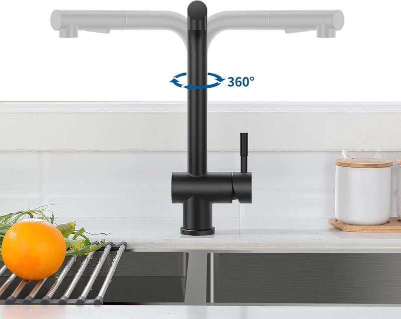 Auralum Niederdruck Armatur Küche Schwarz, Wasserhahn Küche Ausziehbar, Küchenarmatur Edelstahl, Spü
