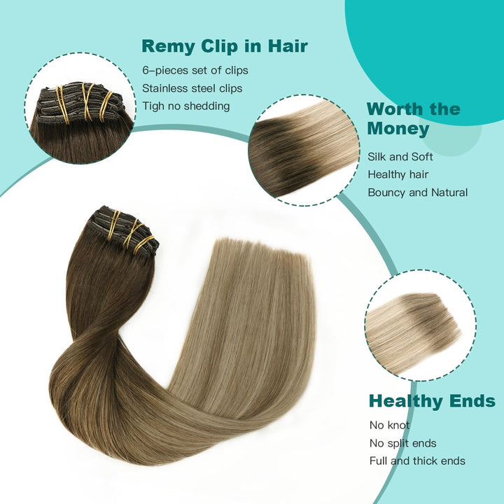 SURNEL Clip Echthaar Extension Haarverlangerung Echthaar Clips 14 Zoll 100g Dunkelbraun Mischung Mit