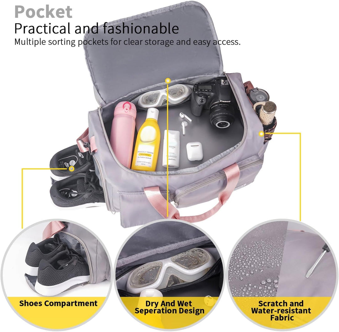 FIORETTO 35L Damen Sporttasche Faltbare Reisetasche mit Schuhfach und Nassfach, Wasserabweisende Wee