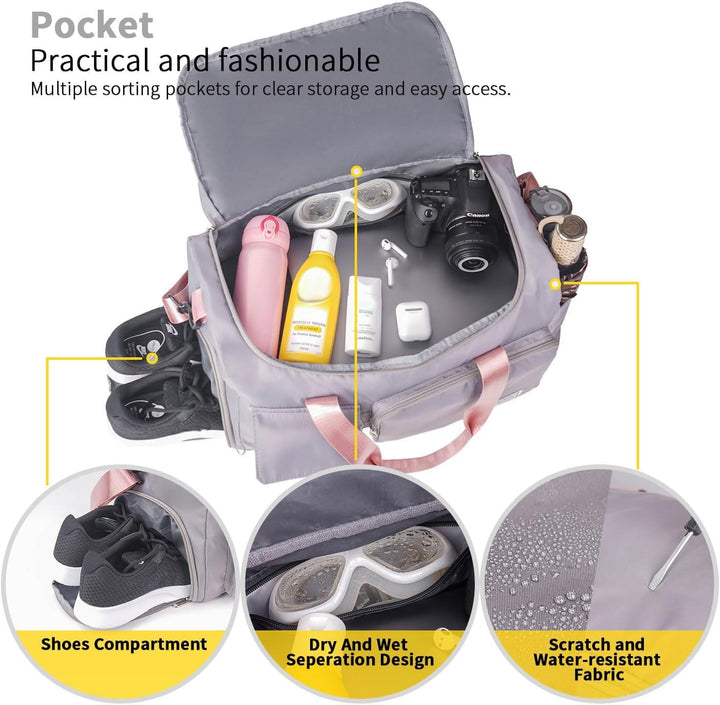 FIORETTO 35L Damen Sporttasche Faltbare Reisetasche mit Schuhfach und Nassfach, Wasserabweisende Wee
