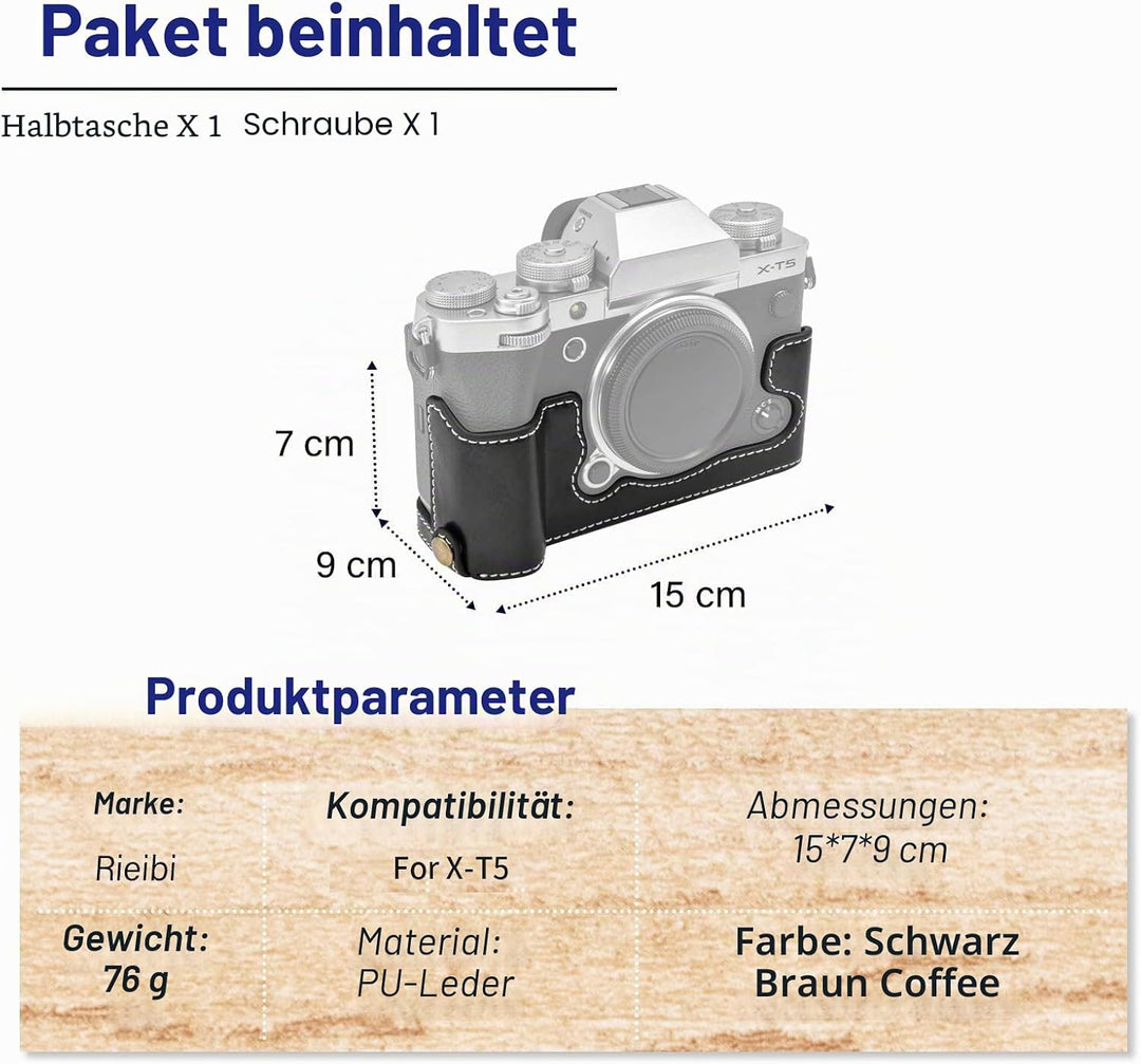 Rieibi Fuji XT5 Schutzhülle – hochwertiges PU-Leder Halbtasche für Fujifilm X-T5 Digitalkamera – sch