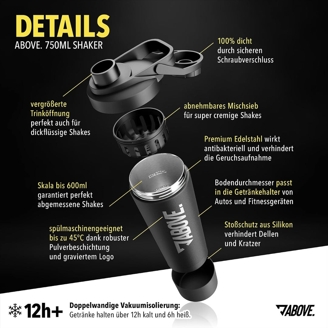 ABOVE. Protein Shaker Edelstahl 750ml, doppelwandig isoliert, Schwarz | Eiweissshaker hält 12h kalt/