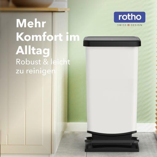 Rotho Paso Mülleimer 40 Liter mit Pedal und Deckel, Kunststoff (PP) BPA-frei, weiss metallic, 40l (3