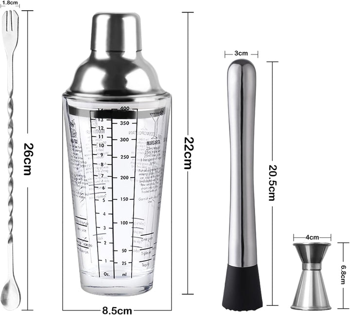 Cocktail Shaker, 400ml Professional Glas Cocktail Set, Cocktailshaker Zubehör Messbecher Coctail Mix
