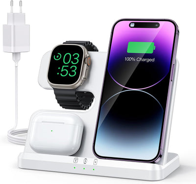 JARGOU 3 in 1 Kabelloses Ladegerät, Induktive Ladestation für Apple Watch und iPhone, Wireless Charg