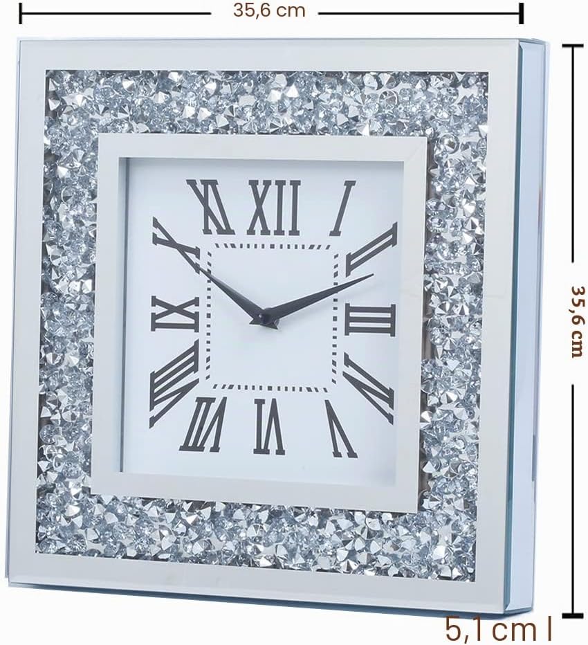 Decor Crushed Diamond Spiegel Wanduhr mit Kristalldekorationen für Zuhause (silberfarben, quadratisc
