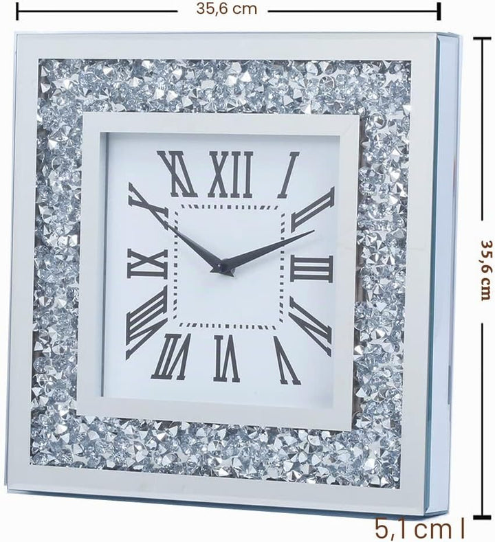 Decor Crushed Diamond Spiegel Wanduhr mit Kristalldekorationen für Zuhause (silberfarben, quadratisc