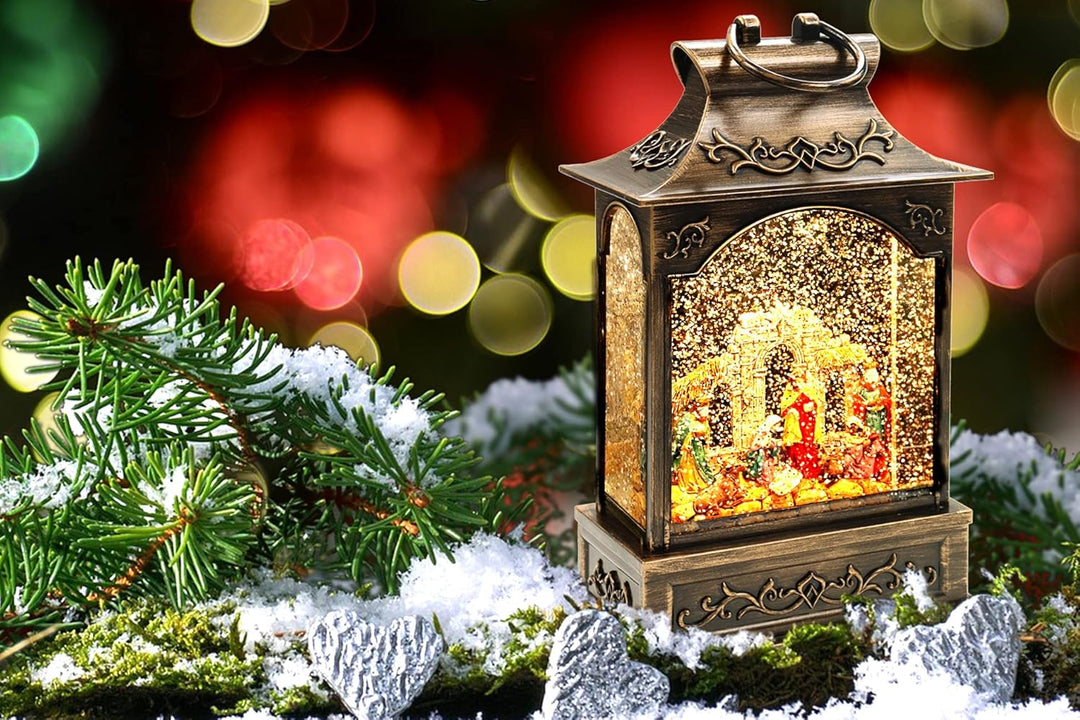 Schneekugel/Weihnachtsdeko mit Krippenspiel, Licht & Schneeantrieb H.: 28cm
