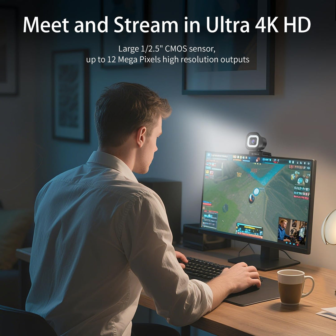 TOALLIN 4K-Webcam mit Ringlicht, Fernbedienung, PDAF-Autofokus, 1/2,5-Zoll-Sensor und 12 MP, integri