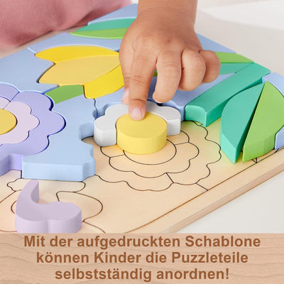 Fisher-Price Spielzeug für Kindergartenkinder Blumengarten Holz-Puzzle mit Stapelblöcken, 37 FSC-zer