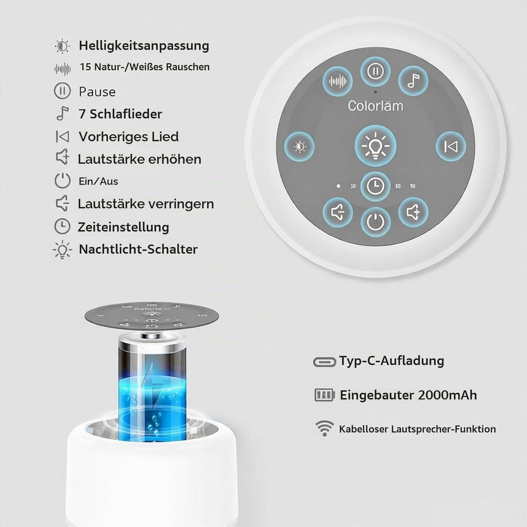 White Noise Machine Baby Einschlafhilfe Spieluhr 30 Klängen,Drahtlose Verbindung 5 Helligkeitsstufen