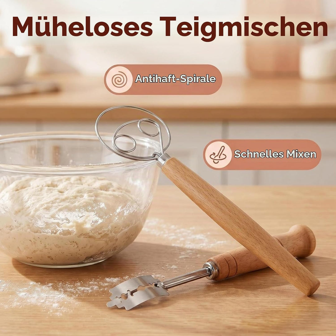 Gärkörbchen Set rund 23 cm aus natürlichem Rattan, Komplettes Brotbackset mit Bäckermesser, Teigscha