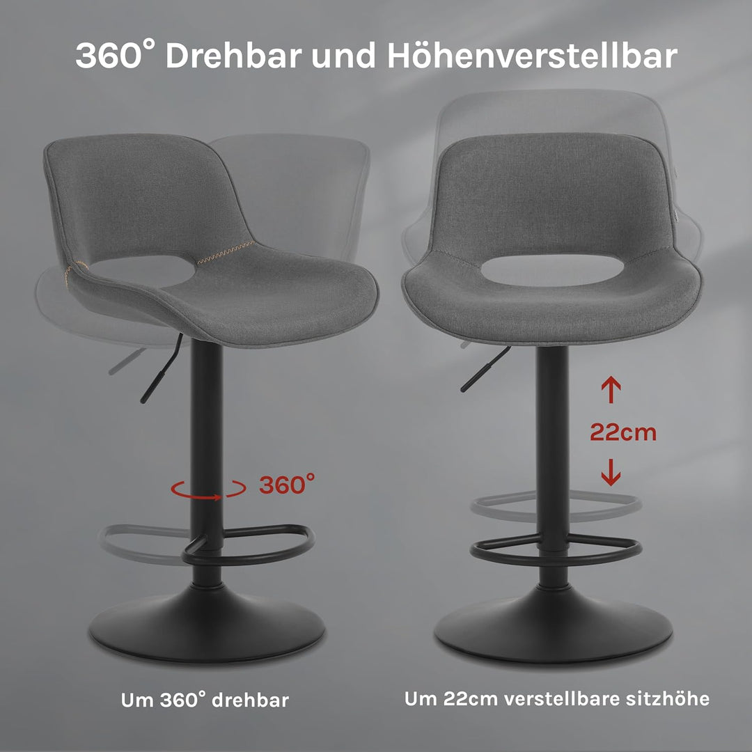 WOLTU Barhocker 2er Set, höhenverstellbar, mit Rückenlehne, Leinen, Grau | Barstuhl mit Fussstütze,