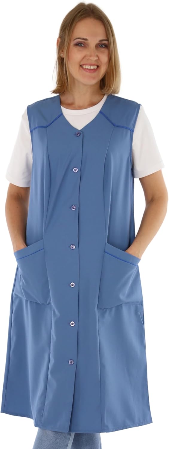Damenkittel ohne Arm Kochschürze Kittel Schürze Knopfkittel einfarbig Hauskleid 40 Blau, 40 Blau
