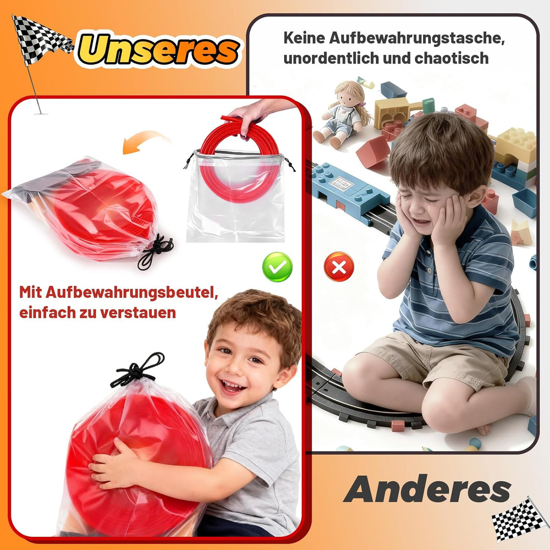 Autorennbahn Kinder, 500CM Rennbahn Rennstrecke Flexible Rennstrecke Kinder mit 6 Kleinwagen Aufbewa