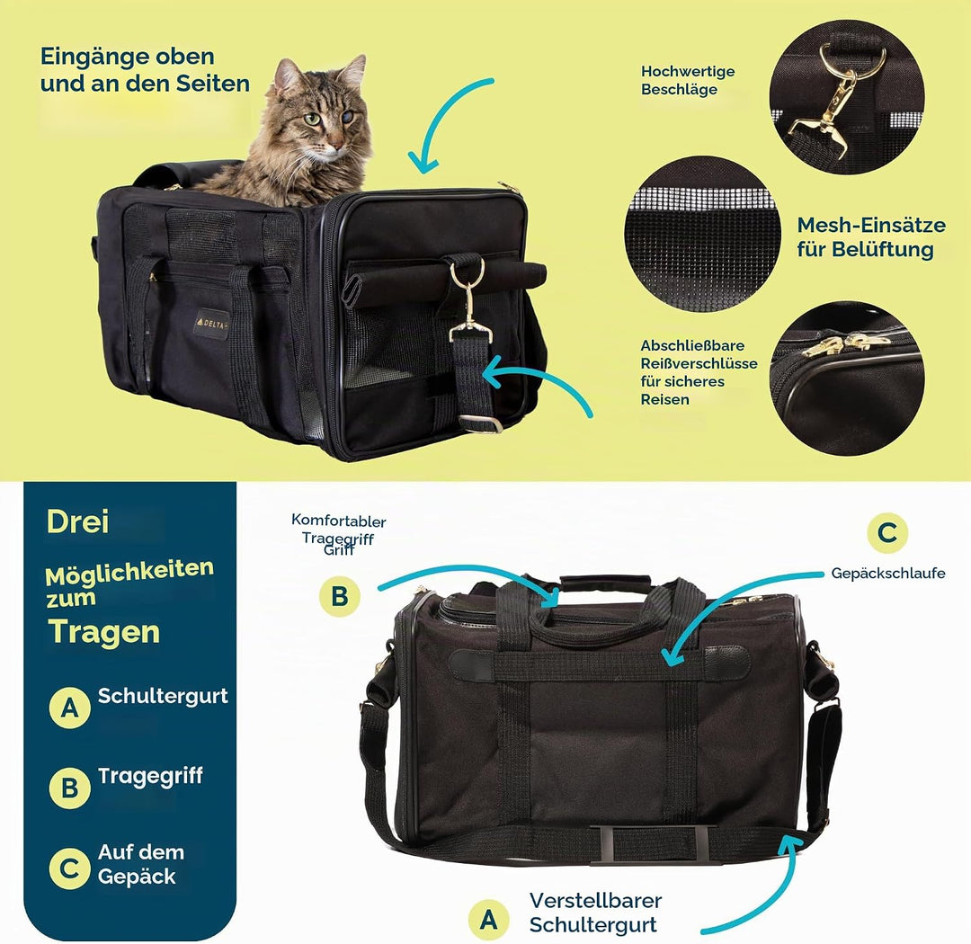 Sherpa Tragetasche für Haustiere, Schwarz L 43 x B 28 x H 27 cm Delta Airlines Transportbox für Haus