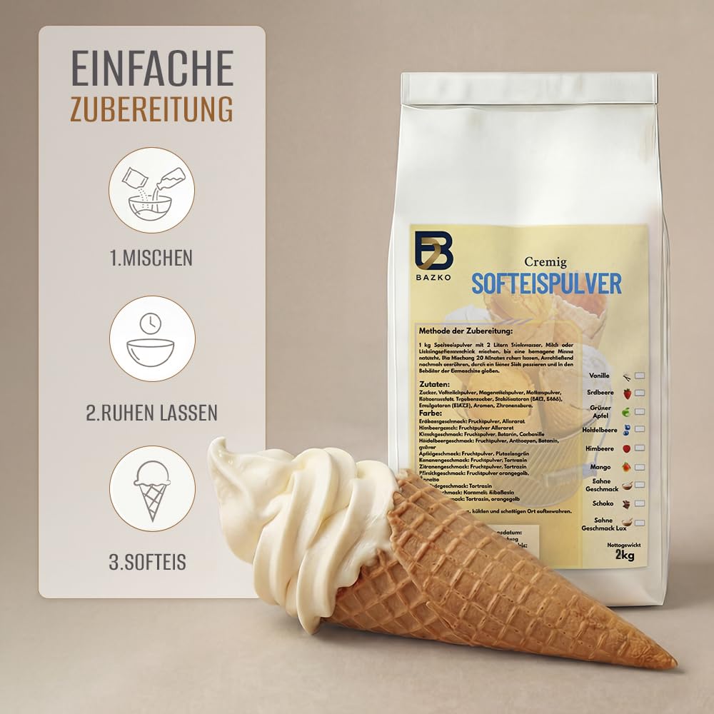 Bazko Schoko Eispulver für Eismaschine | Softeispulver Speiseeispulver 2 kg für 6 kg Eis | 1:2 | Nur
